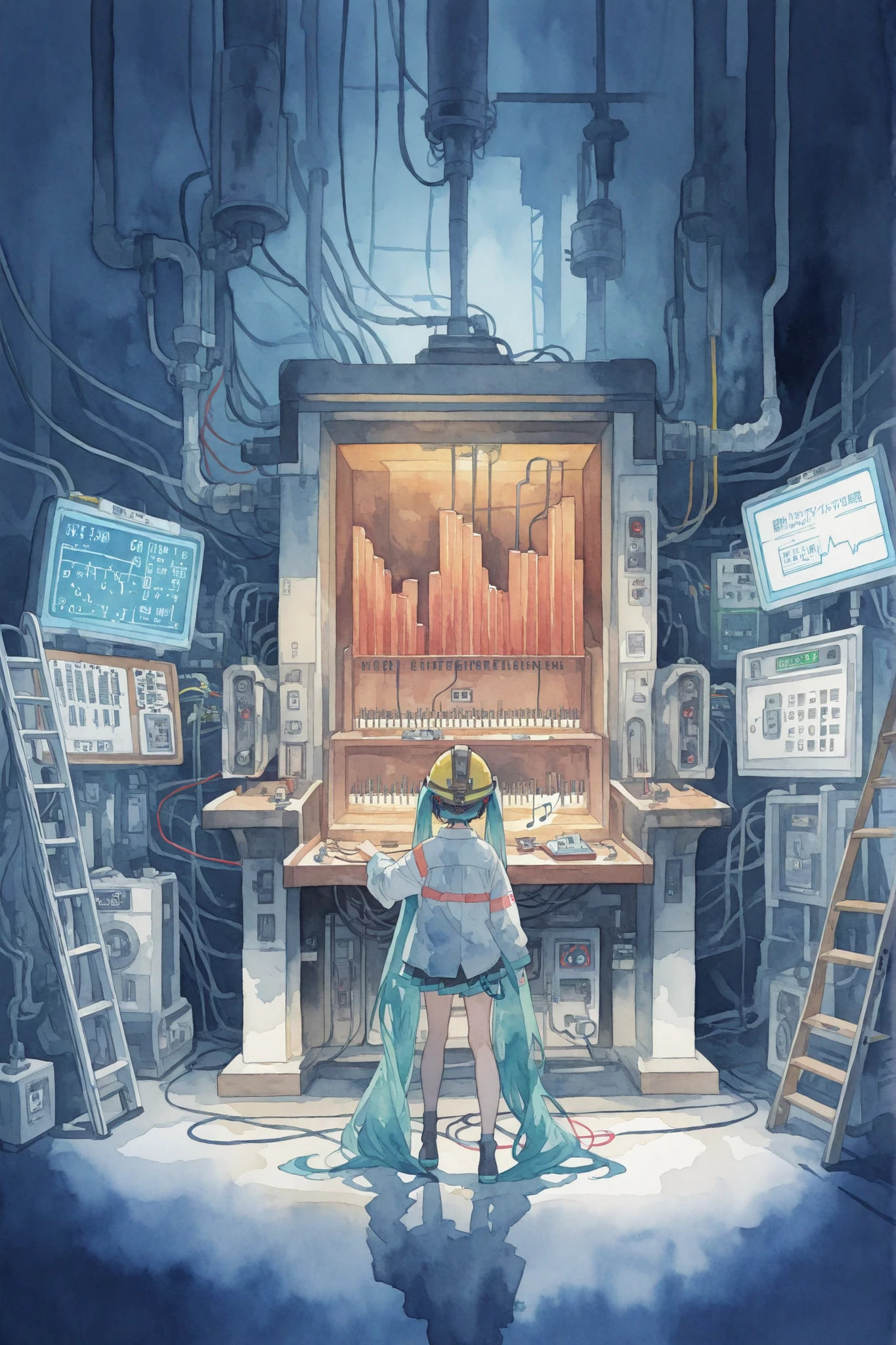 watercolor, Picture book style, Cyberpunk, The Town Where Musical Notes Float, Music Town ,1 girl, Pipe organ maintenance, Hatsune Miku, Machine, Electric Shock Station, electrician, helmet, electrical appliances, high voltage wires, Circuit breaker, electrical pressure measurement, inspection, work clothes, switchboard, Ladder, guide board