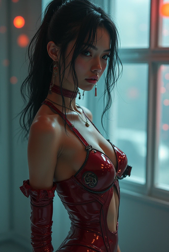 A beautiful young woman with long black hair in a ponytail, mysterious green eyes, freckles, and a sexy expression, wearing a red latex outfit, in a provocative pose, with long nails, in a dark, moody, and sensual atmosphere, masterpiece, 8K, photorealistic, HDR, cinematic lighting, highly detailed