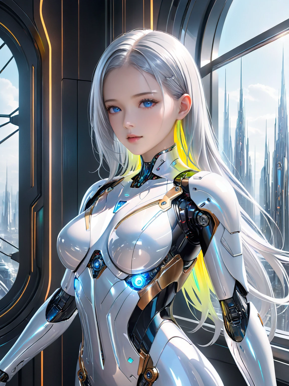 complex 3d render ultra detailed of a beautiful porcelain profile woman android face, cyborg, robotic parts, 150 mm, beautiful studio soft light, rim light, vibrant details, luxurious cyberpunk, lace, hyperrealistic, anatomical, facial muscles, cable electric wires, microchip, elegant, beautiful background, octane render, H. R. Giger style, 8k, best quality, masterpiece, illustration, an extremely delicate and beautiful, extremely detailed ,CG ,unity ,wallpaper, (realistic, photo-realistic:1.37),Amazing, finely detail, masterpiece,best quality,official art, extremely detailed CG unity 8k wallpaper, absurdres, incredibly absurdres, robot, silver halmet, full body, sitting