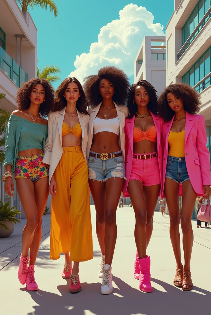 I need a sexy and very beautiful black woman with thin curly hair in stylish clothes surrounded by 6 other women, but she is the main one, on the asphalt floor, they are in front of a convenience store. The image needs to be realistic and with details