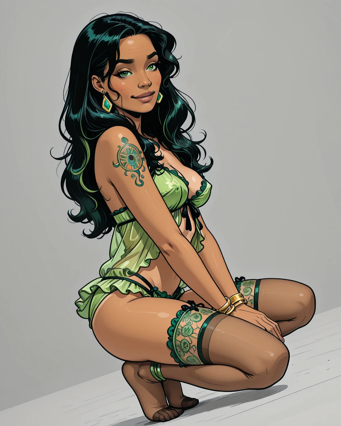 a pinup black skin, sit in the ground, smoking weed