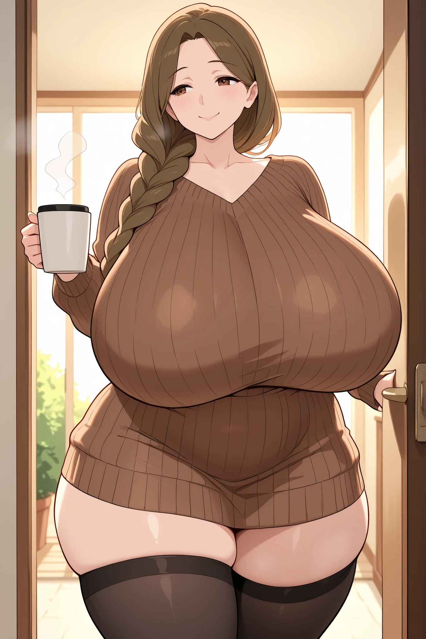 peanut, 1girl, solo,blue eyes, brown hair,multicolored hair, large breasts, smile, orange sweater, single hair bun, long hair, looking at viewer, breasts, indoors, café, chubby, chubby belly