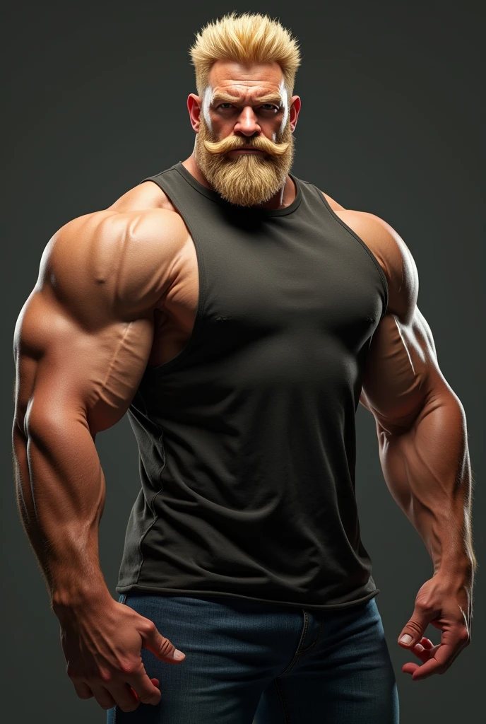 Whole body image of an Absolute monster of a Caucasian is showing off his huge bicep muscles. Huge huge shoulders and massively overdeveloped traps, he is as broad as he is tall. 30 years old. blond close cropped stubble, powerfully muscled, massive shoulders and biceps. well-defined six pack. Exceptionally thick gold cross necklace. chest tattoo. Forest