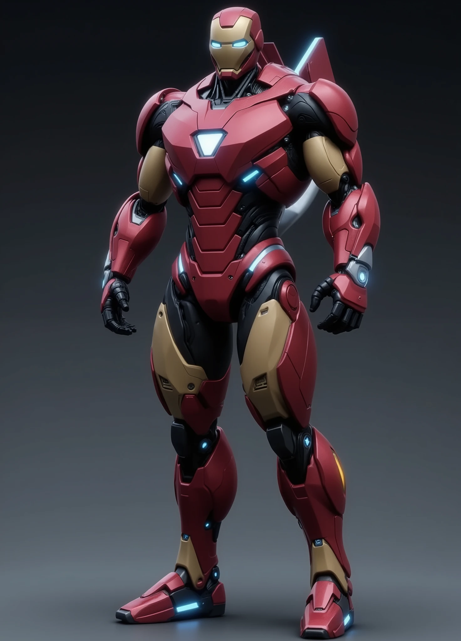 Create a highly detailed image of a prototype armor inspired by Ironman Mark VI, designed in a retro style. The armor should feature the following elements:
1. **Overall Design**: Full-body tall armor with a vintage aesthetic, emphasizing a rugged, industrial look. The silhouette should reflect the original Mark VI design but with modernized retro touches.
2. **Color Scheme**: Predominantly red metallic color white, silver and gold accents to enhance the retro feel.
3. **Jet Pack**: Include a prominently designed jet pack on the back, equipped with visible plasma thrusters with nozzles that emit a bluish glow, showcasing advanced technology.
4. **Jet Boots**: The boots should be designed with integrated plasma thrusters, effectively demonstrating their functionality and style. The thrusters should also emit a bluish light, complementing the jet pack.
5. **Power Source**: Incorporate a large triangular arc reactor at the center of the chest, glowing brightly and serving as the main power source for the armor.
6. **Views**: Provide three perspectives: a front view showcasing the full armor and the arc reactor, and a back view highlighting the jet pack and thrusters, and the side view
7. **Background**: Use a simple, neutral background that emphasizes the armor without distractions, allowing the intricate details to stand out.
Ensure the image conveys a sense of power and innovation while staying true to the retro theme.