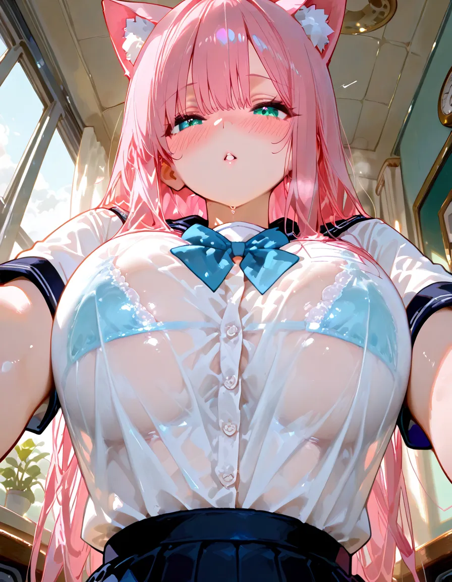 Ikuyo Kita、Bocchi The Rock!、table top、High resolution、many girls multiple girls、large crowd、lots of cute girls、big and full breasts、naughty body、See-through、throw、、whole body、Are standing、Look up at me、confused face、blush、black pantyhose、female shape'Private parts are clearly visible、I can see your nipples、white shirt、navy check skirt、micro mini skirt、very short skirt、Department store、shop、Many people々、in the crowd、bare chest、show your chest、from below、Low - Angle、while holding the tray、place the chest on the tray、Upper grade、A lot of milk comes out from the nipples、Breast milk gushes from the nipple、cat ears maid clothes、Blue gingham check maid uniform、cup with 、Breast milk drips from the nipple、Breasts wet with breast milk、The shape of a woman's private parts is clearly visible、view from a distance、calf、put your index finger to your mouth