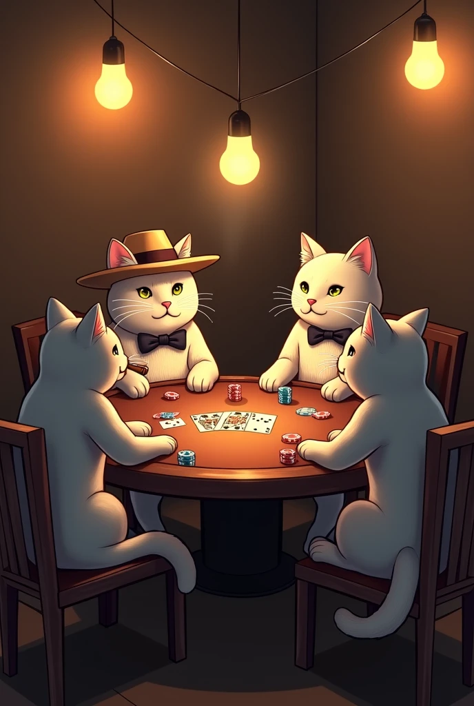 ((by by itihi3 イチヒ(Ichihi), by Donkeyramen, by Hioshiru, (guy cat :1.5). snow-white fur, knitted vest and shirt, trousers, Best quality, masterpiece, Ideal Anatomy, detailed, slim, thin, gambling mood , dirty ink, cards, Poker, sly facial expression