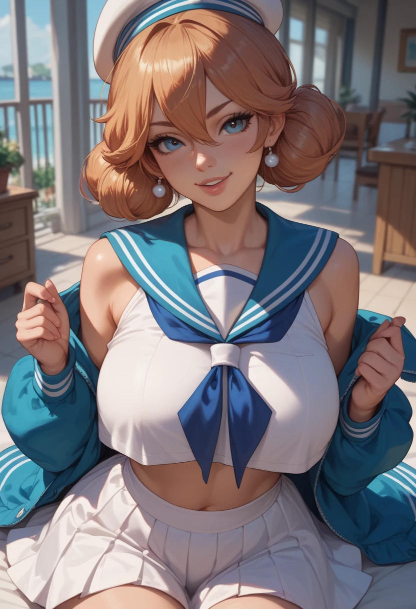 Masterpiece, sksrin,a beautiful urban female model, under empty night stars, (small breasts:0.9), curvy body,( sailor crop top), facial details, detailed body part details, 8k wallpaper, short hair, sweating, Hoshizora rin, gold, (white thong panties),moist, glowing eyes, superhero pose,moon earrings, (CAMELTOE:1.2)