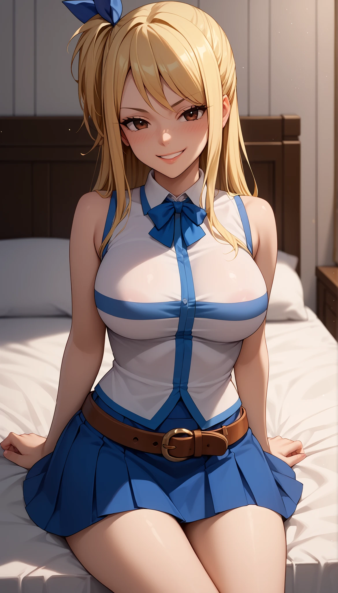 Score_9, Score_8_up, Score_7_up, Score_6_up, Score_5_up, Score_4_up, Source_anime, Tag1, Tag2, Quality_masterpiece, Anatomically correct, detailed skin, 1girl, detailed face, smug smile,
young girl, skinny body, 1girl, aaLucy, hair ribbon, side ponytail, blonde hair, long hair, large breasts,white shirt, sleeveless, belt, blue skirt,
Sensual girl, Seductive, Glamor, seductive BREAK, embarrassed, high angle shot, motion lines,
bedroom background, white bed, thighs, sitting down,