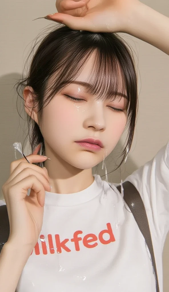 highest quality, Detailed workmanship、high resolution、(8K, High resolution:1.2)、raw photo, photorealistic、slender body shape、high definition face、Face is in focus、high definition eyes、(Focused, symmetrical pupils:1.2)、High-definition and beautiful skin、firm skin、natural makeup、gross lip, High-definition hair texture、masterpiece、japanese woman、high school girl、17 years old、very cute, very short hair break (high school uniform:1.3) break classroom、(very embarrassed:1.3), (blush:1.3), (Sad face:1.3)、(Watery eye:1.2)、Looking up at the camera、(mouth open:1.2)、(cum on face:1.6)、(I put my hand over my mouth:1.3)、(various shooting angles:1.3)、medium breast, nsfw
