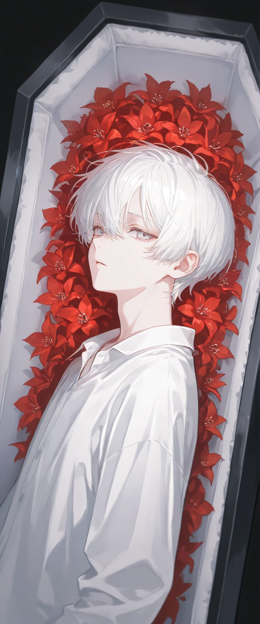 (1 boy with white hair short cut:1.4),Inside a coffin with lots of red flowers、 white shirt、moonlight