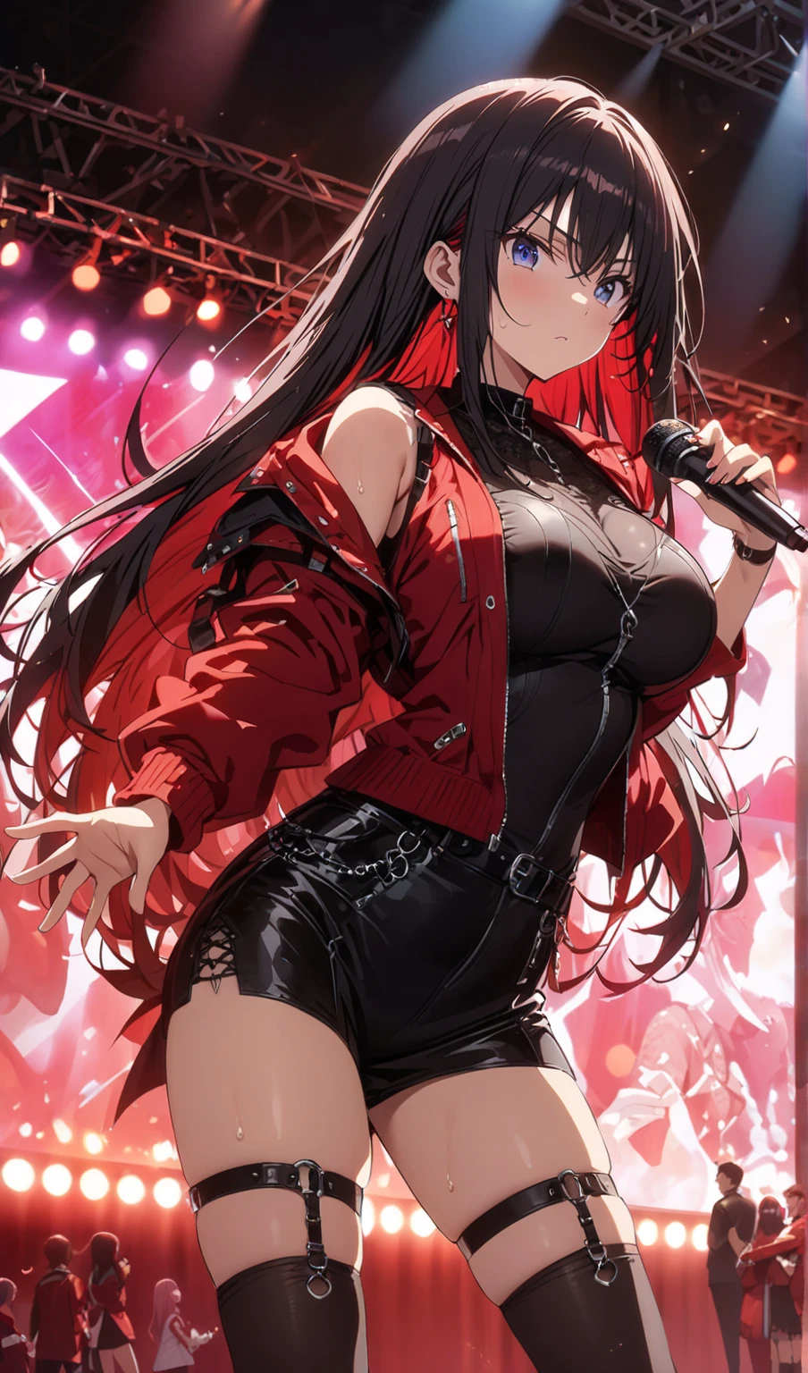 1girl, Beautiful girl, Body length 150 cm, 20 years old, ((Black hair, Double tailed hairstyle, (Red hair dye, PeekABoo Underlights Style Hair Dye)) , ((red eyes)), realistic eyes, beautiful and sharp eyes), ((Idol clothing)), medium breasts, ((She holds a microphone and sings happily on stage in front of the crowd)), Happy face, Smileing, (8k wallpaper), ((Colored red lights, Concert on the background of the theater)) 8k, Quilty Altitude, Realistic, Beautiful realism, outstanding detail, RAW photo, Realistic clothes, Black hair, realistic hair, ((red eyes)), realistic eyes, Light and cool lighting, realistic photo, Cel shaded, Gel lighting, ultra-detail, ((Idol Girl))