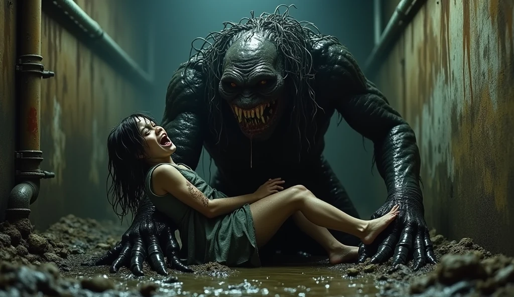 "A terrifying demon-like creature, with sharp claws and glowing eyes, pushes a screaming woman down a staircase. The scene is dark and eerie, with shadows adding to the horror."
