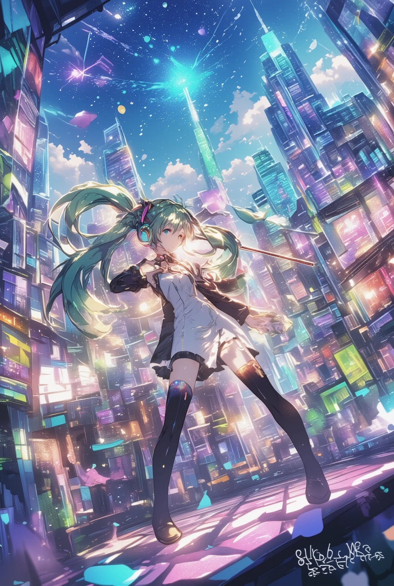 ( masterpiece、 Highest Quality、 Highest Quality、Official Art、 beautiful beautiful :1.2) Hatsune Miku、LIGHT GREEN TWIN TAILS, beautiful breasts, (masterpiece:1.3), (Highest Quality:1.3), (ultra detail:1.2), ( highly detailed skin:1.2), ( WITH A DELICATED FACE:1.1), (realistic shadows:1.1),detailed hands; 1 girl:1.2, solo,metropolis with ethereal music, skyscrapers made up of shining musical notes:1.2, sparkling spectrum swirling upward:1.1, flowing sound waves flowing across the skyline:1.1, city composed of rhythm and harmony, Pastel Blue and Purple Ambient Neon Lights; dreamy vibe; Young Music Student Girl with Flowing Silver Hair:1.2, elegant poses that play a shining violin:1.2, uniforms with subtle musical motifs, delicate headphones that glow gently:1.1, , gentle expression, Musical Notes Standing as if Dancing Around Her:1.1, magical treble symbol that orbits her; Petals fluttering like shining notes:1.2, Twilight Sky Full of Floating Five-line Notations and Symbols, Rainbow-colored haze; _ cinematic lighting, volumetric light through clouds in the shape of musical notes:1.1 _ Blurry Deep Field Break, smooth gradients, Fantasy Anime Style:1.1, vivid Harmonious at the same time Beautiful colors