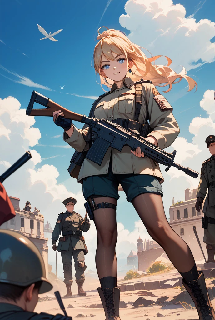 This lone female soldier is on the battlefield Assaulting on the battlefield.A female fallen angel is trying to grab the girl from the darkness behind the girl.The girl is wearing an old German army uniform.He wears a helmet and carries a rifle.The fallen angel has a beautiful and frightening appearance and is trying to catch it with both hands out.Tense battlefield background, many explosive bullets、High resolution, high precision images, masterpieces, 8k.