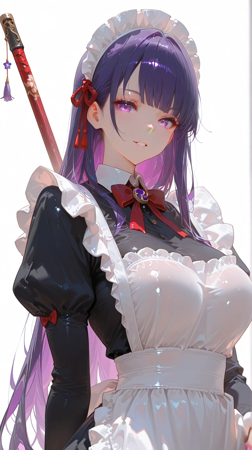 best quality, masterpiece, highres, solo, {maid:1.40}, {long maid dress:1.15}, {bb_fgo:1.15}, long_hair, purple_hair, purple_eyes, bangs, ribbon, breasts, hair_ribbon, smile, large_breasts, very_long_hair, red_ribbon, blush, neck_ribbon