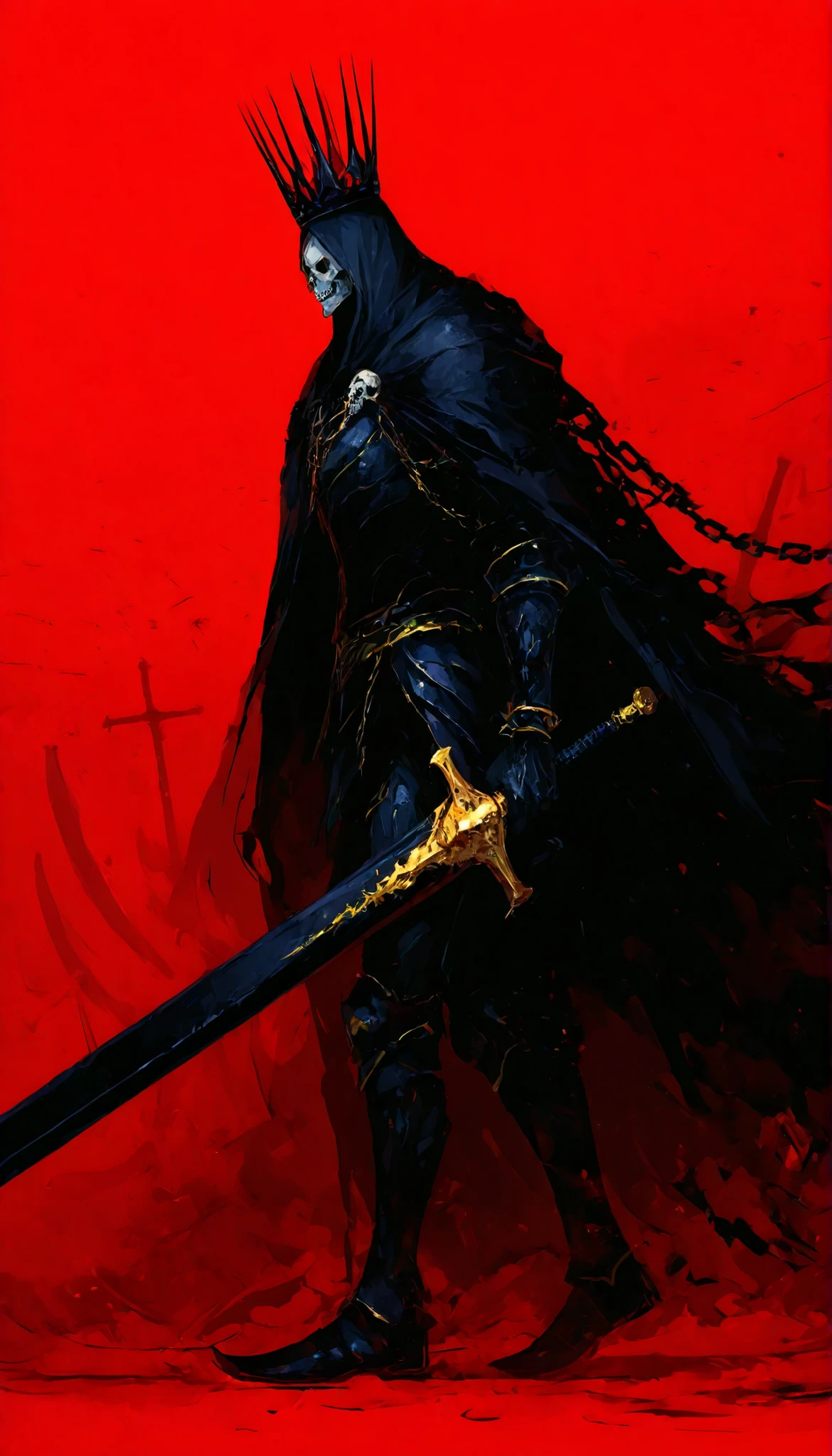 Skull King,Black suit,banana,black cloak,Skull Jewelry,Black Armor,Black Giant Sword,slim,side view,,There are 4 ,knight,With a crown,Long black chain,red background,Gold Jewelry,running