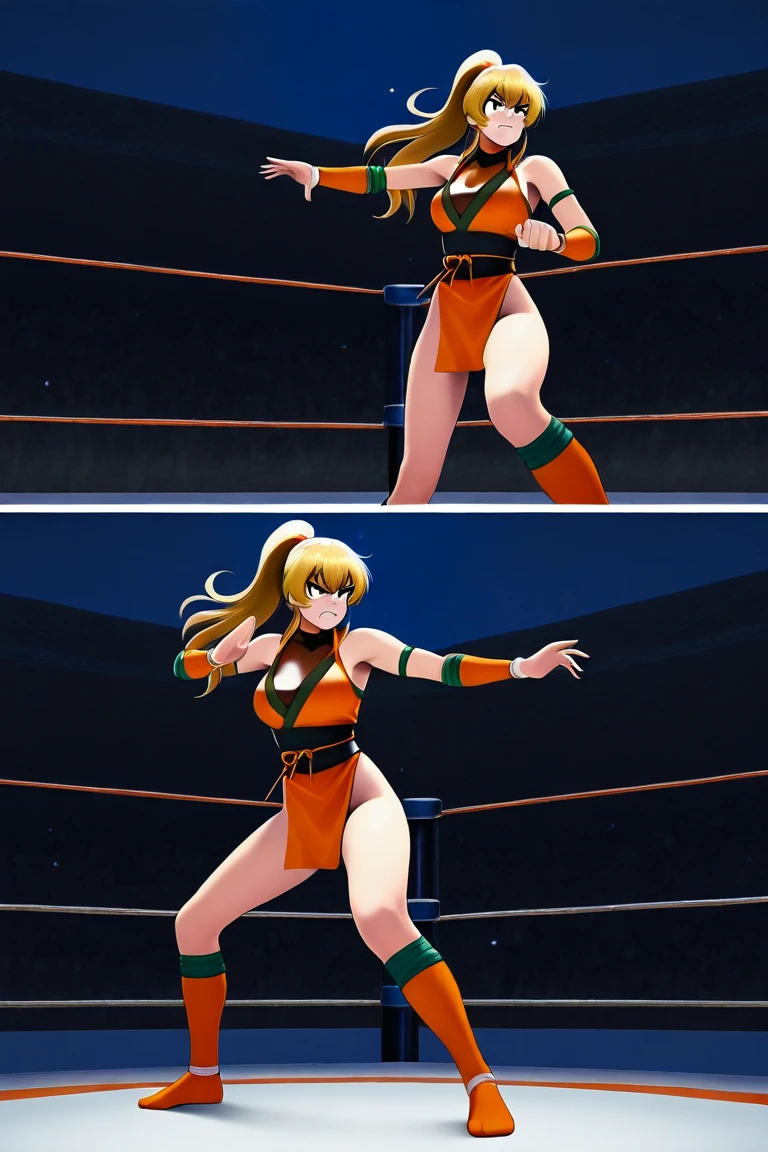 anime waifu bodybuilder, beautiful face, green eyes, scar on left eye and nose, perfect body, fit body, looking at the ball, flight, jump in the air, open hand, catching ball in the air, abdomen, large breasts, muscular, ((hair) long and blonde), sarashi white chest, sarashi, underboob, breasts bandages, arm bandages (insanely detailed, beautiful detailed face, masterpiece, best quality), (looking disgusted), konosuba, character A2, (white and torn bandages on the arms and legs), image taken from above, focus on the soccer ball, high quality, white light clothes, punches in the air, sweat splattering, ((soccer player) goalkeeper) defending, soccer ball from the field