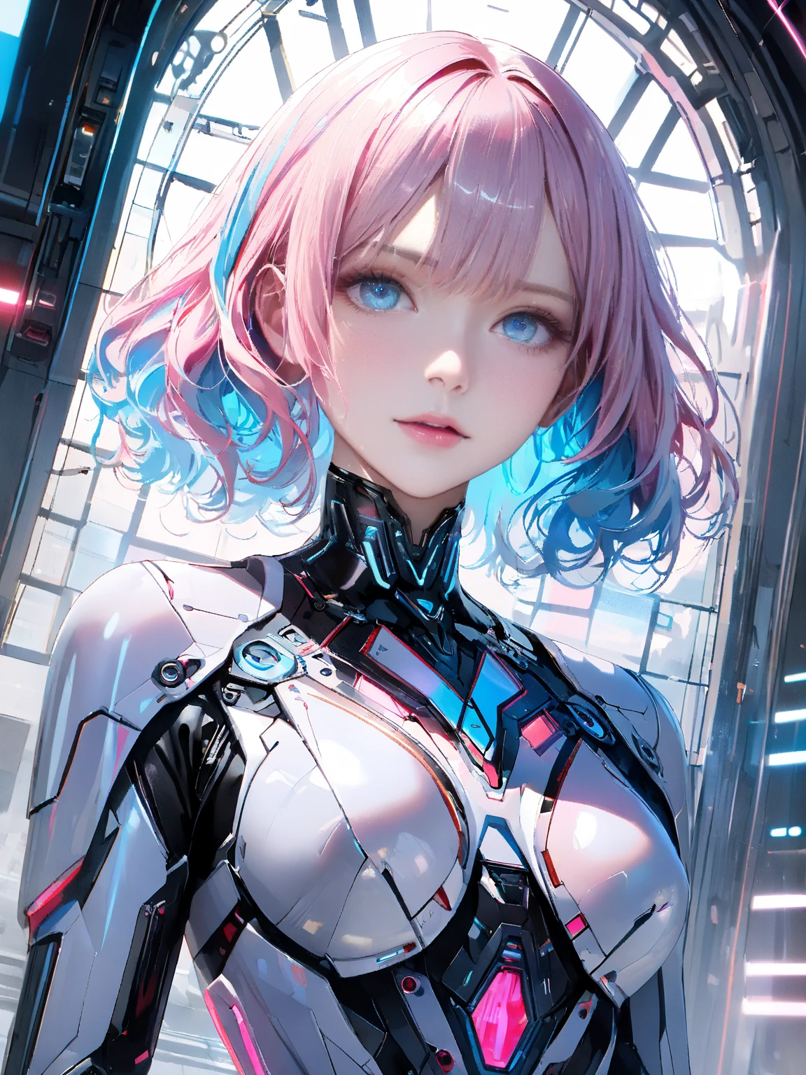 A beautiful woman is staring at the camera with a defiant expression. She has pink hair. She wears a blue metallic battle uniform. She's inside the spaceship's hangar, holding a lightsaber.