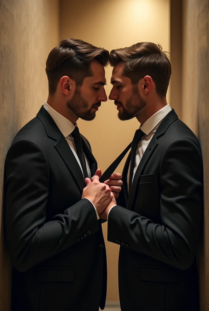 Realistic image of a man in a suit and tie kissing another man's watch