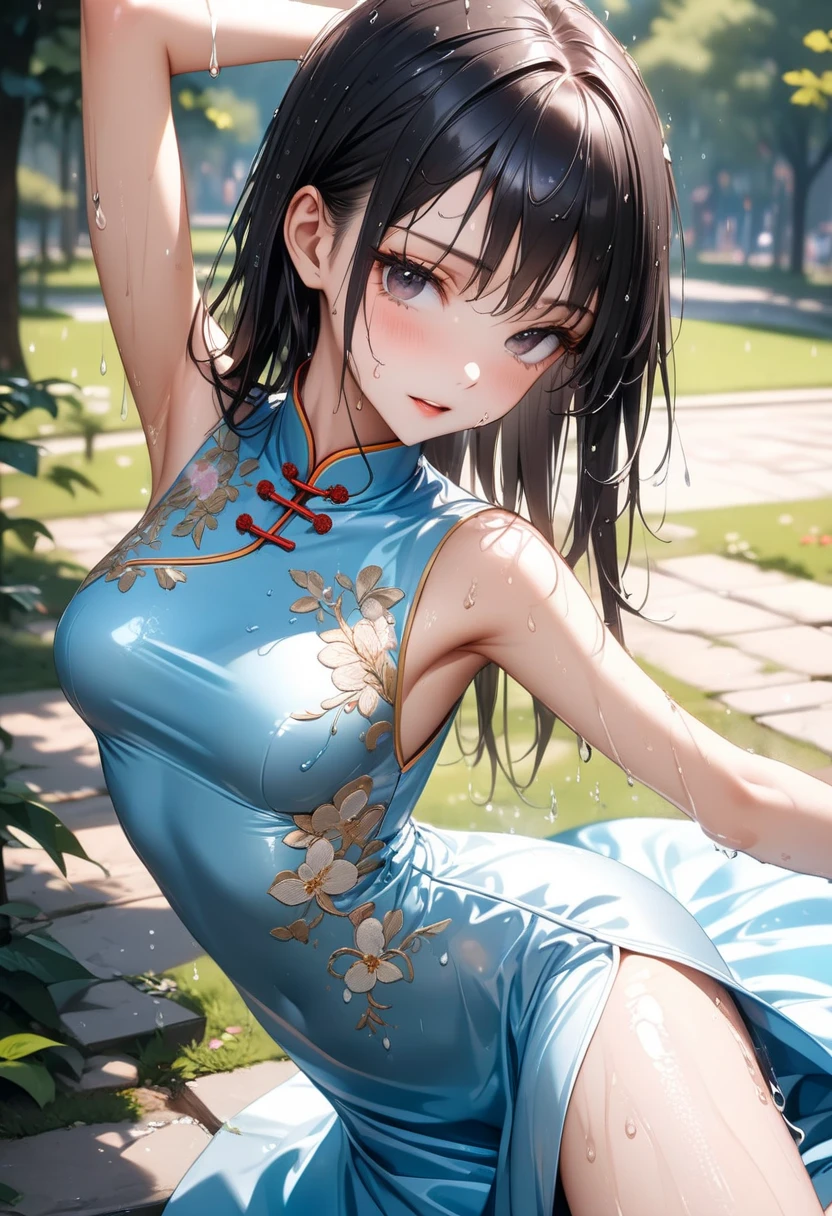 Top quality，Optimal resolution，(Wet Princess Dress），Very detailed, She has a pair of white ponytails，Young women，charm，Design intricate clothes，blue eyes，Huangui Yunguangtian，Elegant and charming，((Wet people，it&#39;s foggy，water))，Leg ring，Anklets，night，Small Lighting，charm的姿势，elaborately designed clothes，Beautifully decorated，出water芙蓉，Garter