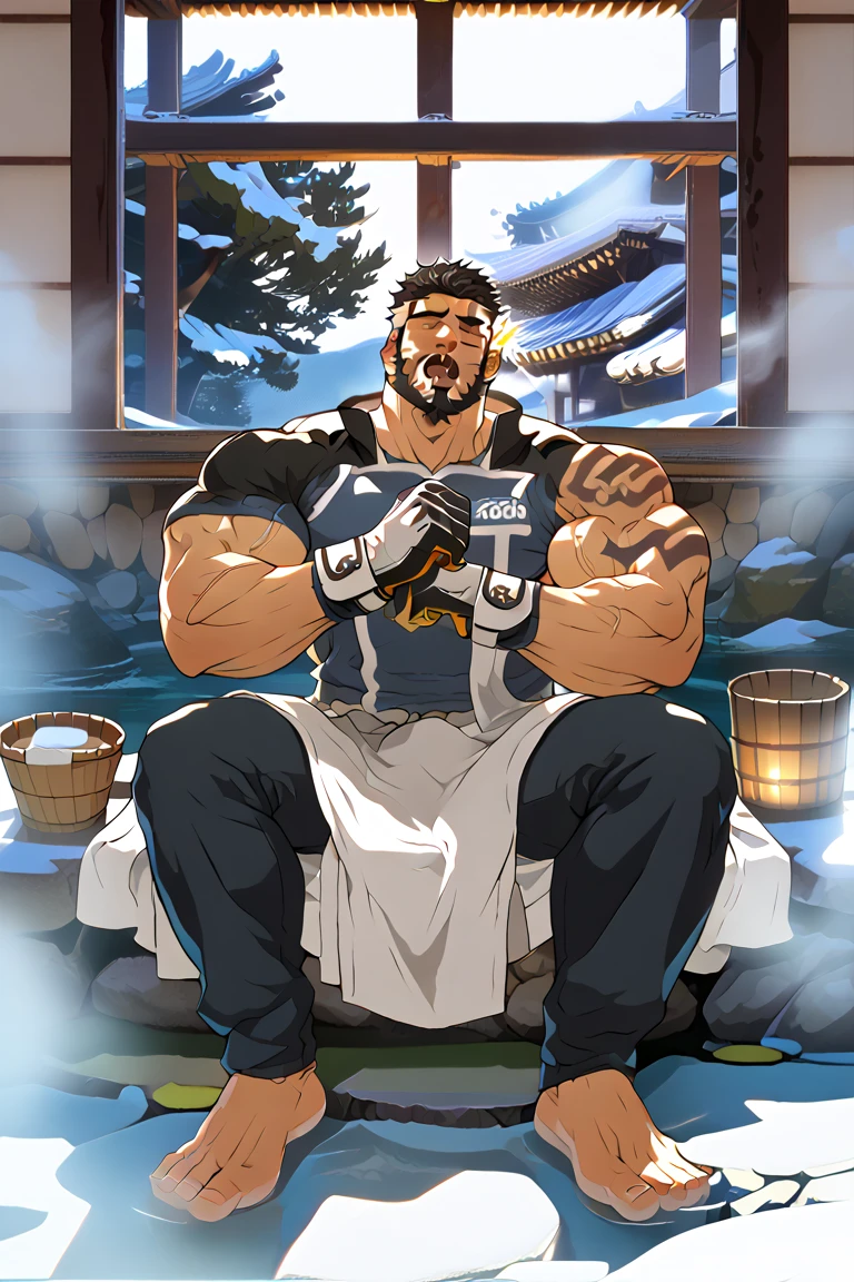An old man soaking in an onsen, half submerged, (huge muscular), (yakuza tattoo:1.2), detailed muscles, 8k, masterpiece:1.2, hyperrealistic, white fundoshi, highly detailed full body, really big muscle, massive muscle, thick arms, wide pectoral, submerged, floating steam, rich colors, serene atmosphere, traditional Japanese setting, wooden hot spring, soft ambient lighting, wrinkled skin, tranquil expression, reflective water, peaceful relaxation