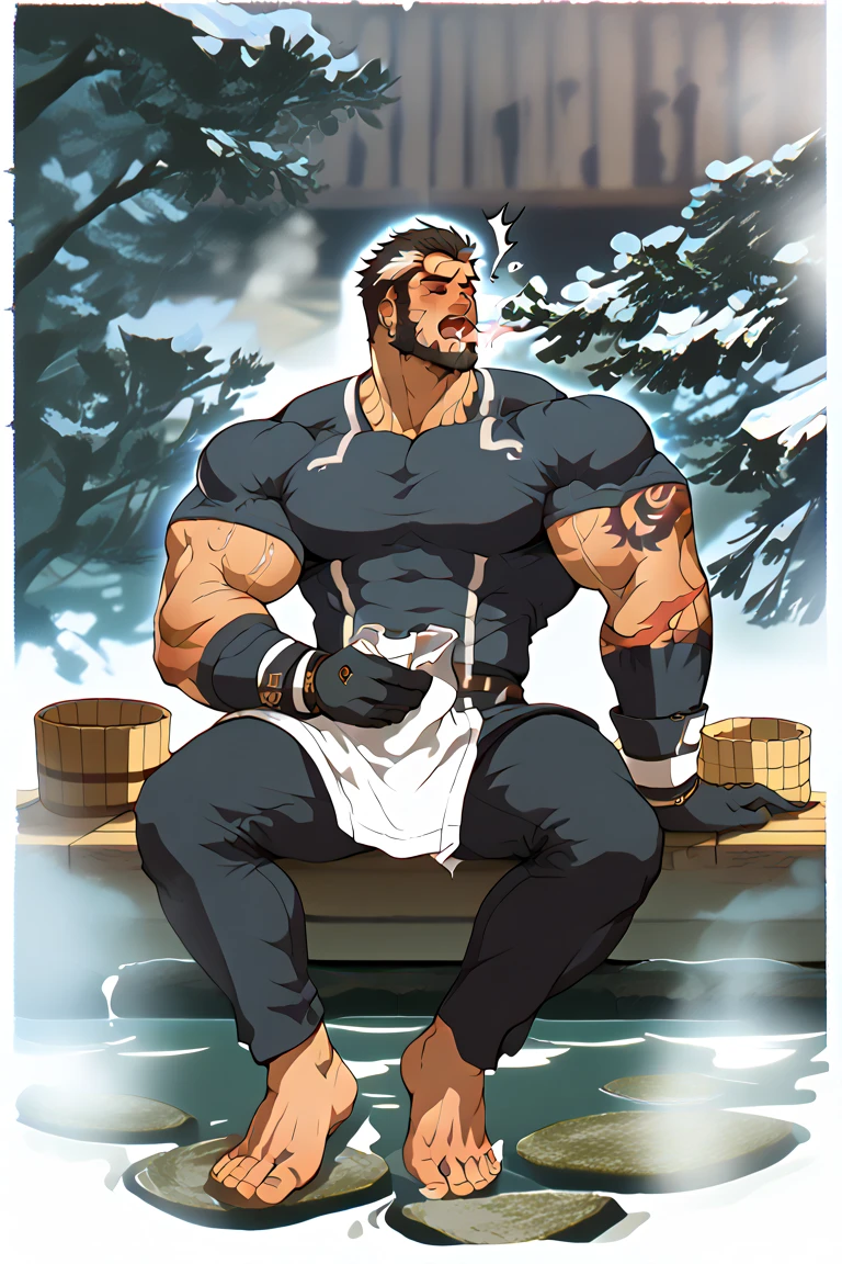 huge muscular old man dwarfs soaking in an open onsen, white and short hair, white beard, old, old man, grandpa, half submerged, huge scar on chest, , (huge muscular), (yakuza tattoo:1.2), detailed muscles, 8k, masterpiece:1.2, hyperrealistic, white fundoshi:1.2, highly detailed full body, ((really big muscle, massive muscular, sixpack, thick arms, wide pectoral, super huge muscle, small head, huge shoulder, hyper muscular, submerged, floating steam, over sized muscle, huge arms, big arms, huge pectoral)), rich colors, serene atmosphere, hot spring, landscape, soft ambient lighting, wrinkled skin, happy expression, reflective water, peaceful relaxation