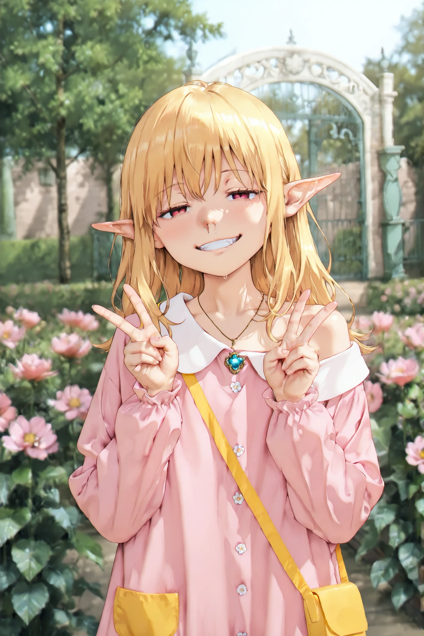 serie, solo,1girl, blurry, blurry background, depth of field, bare shoulders,person off-center,slight angle, evil smile,grin,pointy ears, half-closed eyes, upper body, off shoulder, jewelry, necklace, BREAK,score_9, score_8_up, score_7_up, score_6_up, score_5_up, score_4_up, anime,(((aged down))),snot,enji-costume, kindergarten uniform,Park main gate,,top down,bottom up,full body,expressionless,hands up,v,outdoor,Sunlight filtering through,Park main gate, garden,flower bed,