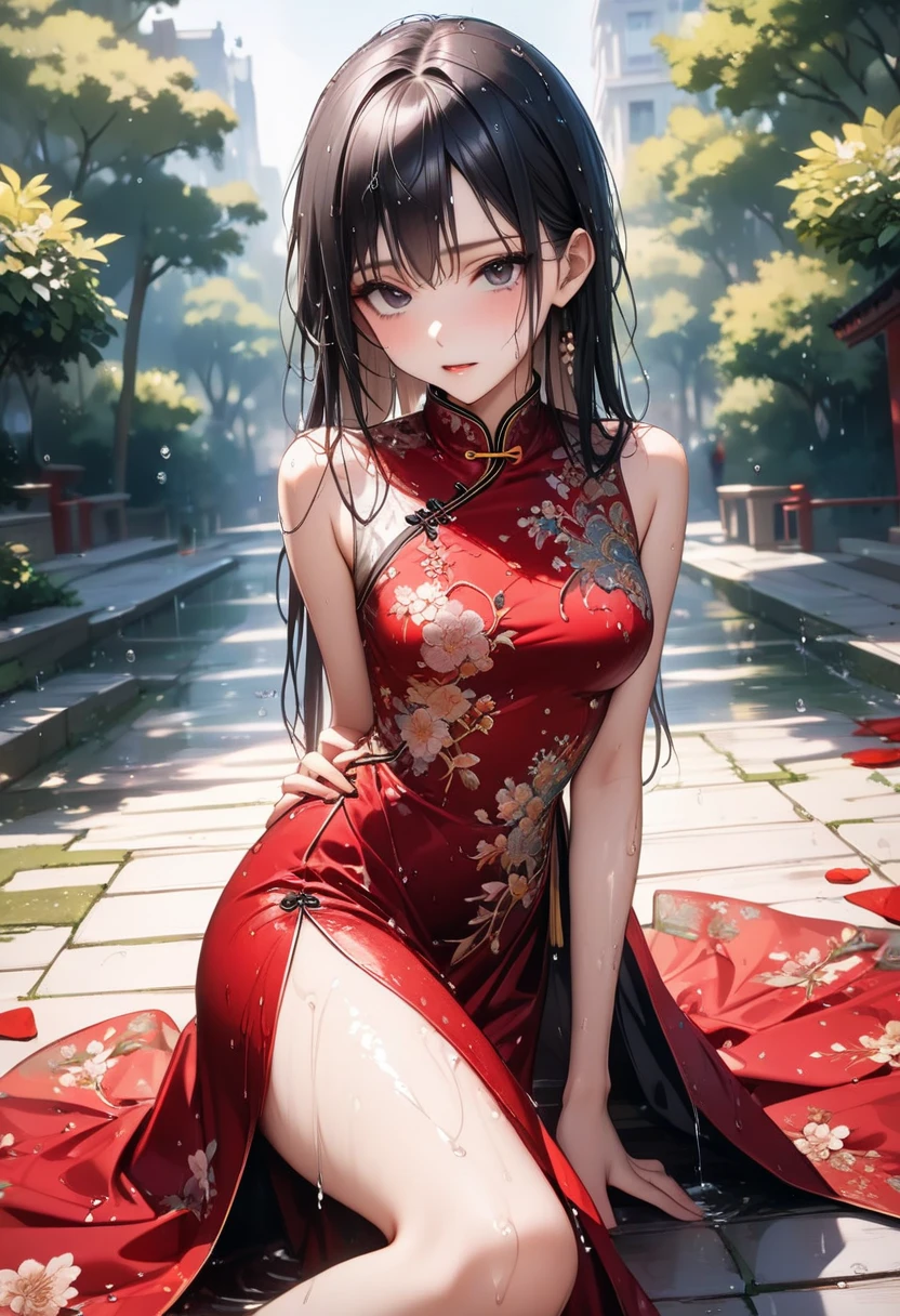 NSFW,(Natural finger shape:1.5),4K,masterpiece,((Focus on the face)),((Symmetrical facial features)),Eye for detailed depiction,Beautiful woman,Excellent style,Beautiful feet,(Small Ass,Thin thighs),(stockings,High heels),Detailed depiction of the face,Small earrings,Low angle photo,((Sleeveless,Red skirt)),Hide and seek in the park early in the morning,blue blonde,Close-up photo of the upper body