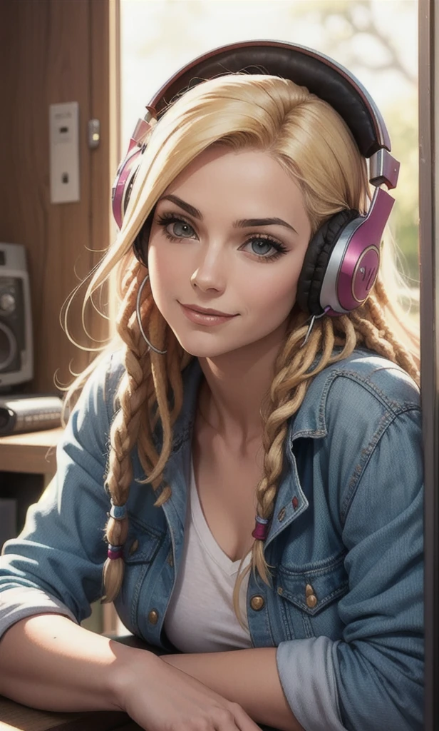 blonde gamer girl leaning into the camera, photo from front above, red hoodie, large white gamer headphones, medium breasts, skintight white top:1.2, cleavage, pink bra:1.2, looking at viewer, soft colors, cinematic lighting, perfect anatomy:1.2, round breasts:1.2, well-organized, neat:1.2, perfect proportions,