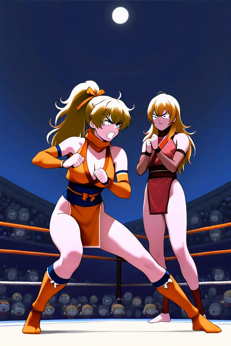 Masterpiece, Best Quality, Highly detailed, illustration, absurdres, street fighter, doll suit, shadaloo doll, dollsuit, girls, multiple girls, expressionless, blank eyes, looking at viewer, red gloves, emotionless, black latex, corrution, mind control, female combatant, full body, hypnotized, unhappy trance, full body suit, ribbed bodysuit, both arms at side, stand up straight, obey, perfect female body, extremely glossy latex, hypnosis, hypnoLora, empty eyes, Mind control device, oses, submissive_pose, Slave, hat, necktie, stand up straight, standing, standing at attention, Slave, hat, necktie, belt, extending the right arm from the shoulder into the air with a straightened hand, nazi saluting, military, military saluting, salute, latex, dark magical girl, magical princess, akazukin chacha, blonde hair, red eyes