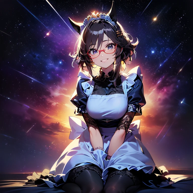 1girl, white maid dress, jewelry, violet hair, flowing hair, short hair, twintails, white maid dress with a short skirt and layers, red laces, red boots, white dress with transparency, gold details on her clothes, cat ears, animal ears, more details, perfectly body, perfectly hands, two hands, two legs, two arms, five fingers, glowing hair, best quality, tiara, cat ears, tail ornament, tail bow, white gloves, two cat tail, alone, maid headdress, choker, detached sleeves, maid dress, maid white dress, strapless, masterpeice, best quality, detailed face, night, asymmetrical gloves, bangs, white short skirt, earrings, elbow gloves, fishnet thighhighs, fishmasterpeice, solo, best quality, detailed face, gloves, hair between eyes, jewelry, looking at viewer, single earring, sky, sleeveless, solo, thigh boots, thighhighs, tongue, tongue out, uneven gloves, solo, alone, Looking at the viewer, More details on the clothes, magenta roses on her hair, space scenery, maid, maid dress, magenta details, magenta roses, maid headdress, maid apron, wave hair, seat on the Saturn rings, more details on her clothes, gold details on her clothes, space, smiling, standing her hand to a viewer, looking at the viewer, in the background a several asteroids glowing with fiery auras, Dramatic lighting from distant stars and planets illuminates the scene, looking at the vast and mysterious universe, cowboy shot, upper body portrait, more details, sparkle,