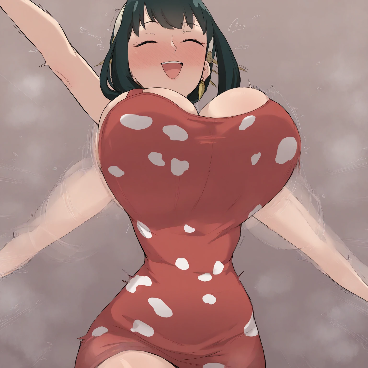 Optimal,masterpiece,High resolution,Highest quality,Hyper HD,Very detailed,Award-winning,16K,alone,(Cowboy Shot)、Cute face,,Black Hair、Bobcut、 Hairline,((Scarlet Eyes)),Long eyelashes,Drooping eye corners,Are standing、Spread your legs、Thin legs、White skin,((Shooting from below)), ((Wearing a tight polka dot latex suit:1.5)), ((Transparent nipples))、rocket , ((Big Breasts:1.2)),
