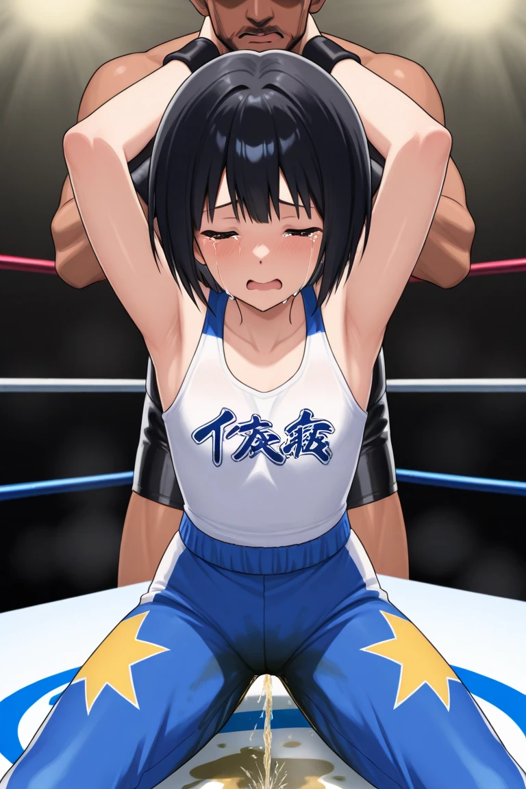 (WALLPAPER, (hinata\(boruto\), (((1 girl, white string bikini, defeated wrestler))), masterpiece, 4k, vector coloring, fully body view, (scene of knocked down girl on wrestling ring), (high color saturation), contrast lighting, mature female, (curvy:0.8), solo, anime style, sharp focus, professional artwork, intricate details, colorful, vibrant colors, vivid colors, digital blending, ultra detailed body, ultra detail hair, ultra detail face, trending on pixiv, very hot colors, (((wrestling ring, indoors))), detailed bold arm lines, high color saturation, bold lines, bold drawing lines),
((knocked down on wrestling ring, lying down on wrestling ring surface, unconscious on her back)), (head tilt), open mouth, closed eyes),
((dark blue hair color:1.1), wavy hair, ((short hair, hime cut)),
(white skin, (fair skin), slender body, milf, perfect face),
(legs, big breasts, off-shoulders, (detailed shoulders, detailed arm lines)),
(bare shoulders, bare legs, stretching),