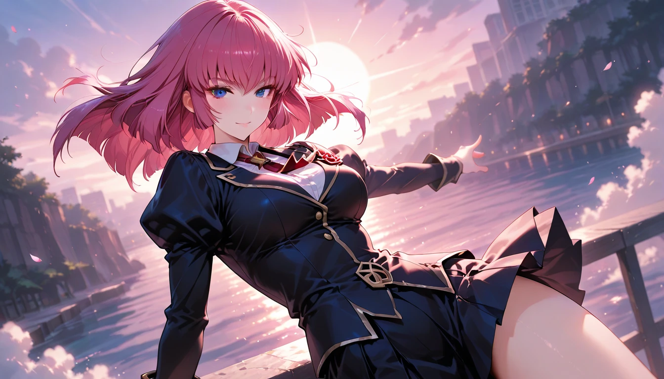 (((black delmo uniform, tight black miniskirt, extremely glossy latex)))