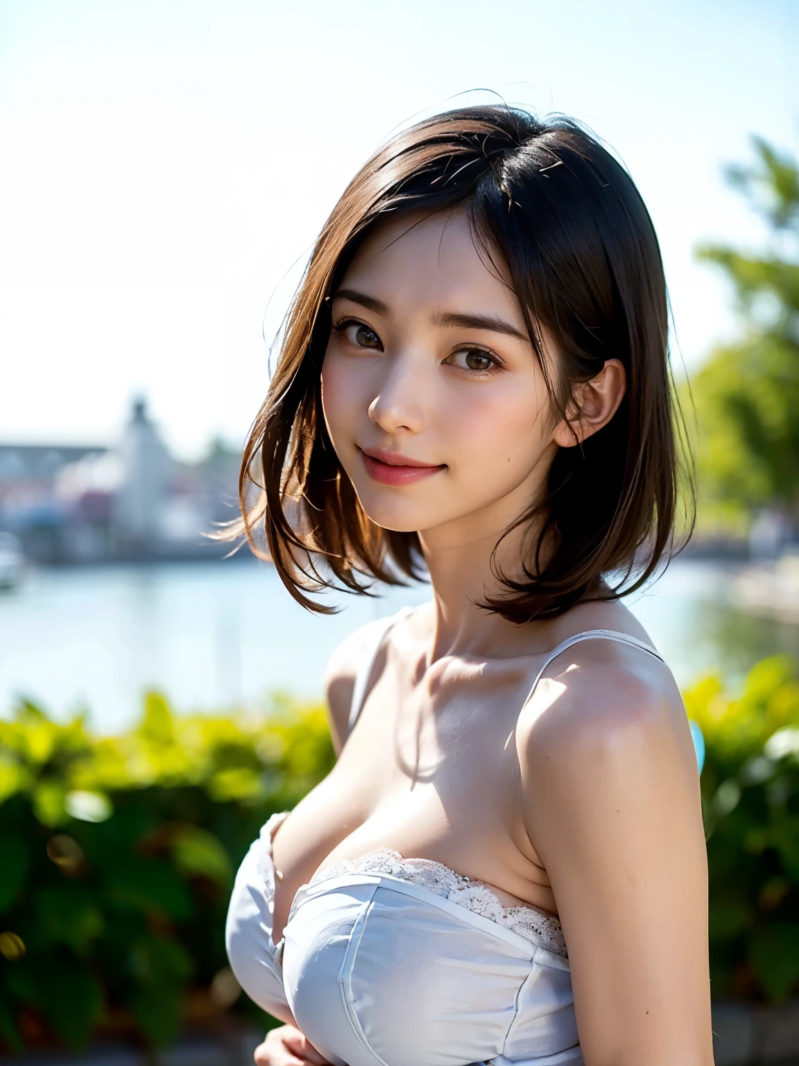 (Masterpiece:1.3), (8K), (Best Quality:1.4), (UHD:1.2), (Photorealistic:1.3), (Raw Photography), (1girl), (Ultra High Detailed), (Detailed face), very perfect beautiful and cute face, (Detailed hair), Beautiful hair, bangs, (symmetrical eyes:1.3), (Detailed eyes), (Detailed skin), Realistic skin, shiny skin, Ultra high definition, (slim figure), (super model figure), 27yo, (Layered haircut:1.3), 

( white dress, ingricate stitching, high detailes ), on the beach, Palm trees, plumeria
