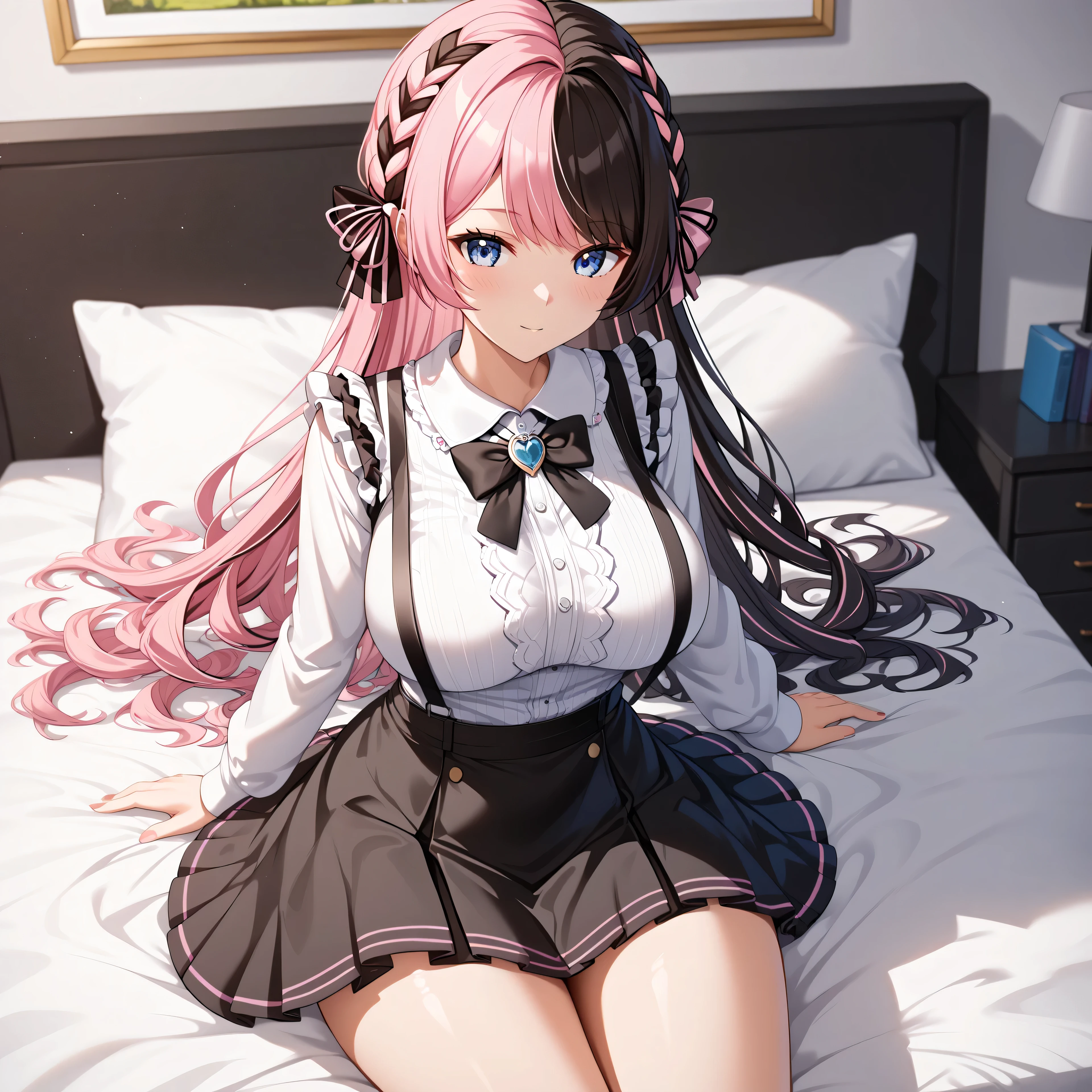 master piece,Best Quality,Super detailed,High resolution,Extremely detailed CG,Unity 8K Wallpaper,weat,score_9, score_8_up, score_7_up, score_6_up, score_5_up, score_4_up, source_anime,TachibanaHinano,blue eyes, two-tone hair, long hair, french braid, hair bow、HinanoBase, (two-tone hair), long hair, french braid, hair bow, black bowtie, brooch, frilled shirt, white shirt, long sleeves, black skirt, suspender skirt,mini skirt,mature female,professional quality, nsfw、large breasts 、bed room,amazing quality, highres, absurdres, very aesthetic, high resolution, ultra detailed, perfect details