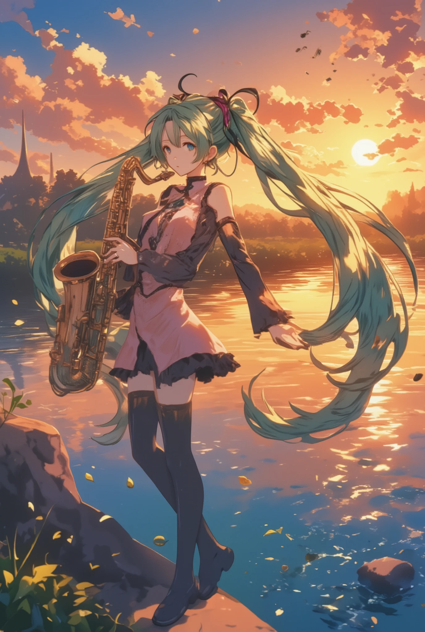 ( masterpiece、 Highest Quality、 Highest Quality、Official Art、 beautiful beautiful :1.2) Hatsune Miku、LIGHT GREEN TWIN TAILS, beautiful breasts, {{{masterpiece,Highest Quality,very delicate and beautiful}}}, woman playing saxophone on a riverbank illuminated by the sunset、very beautiful anime face, (1 girl on holiday, solo, long hair, ponytail), (pink off-shoulder shirt,black ruffle miniskirt,〜Absolute region to),Countless notes are flying through the air