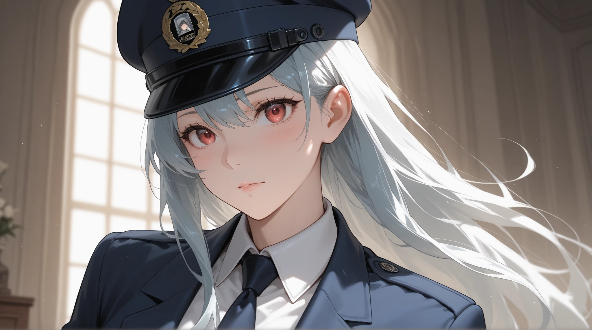 looking at the camera、Lean forward、male、Gray Hair、Police uniform