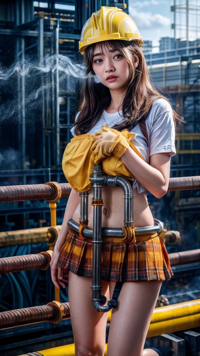 Shooting fire from flamethrower, in uniform, 14 years old, gas mass, rooftop at night, huge background neon sign, leather gloves, plump,