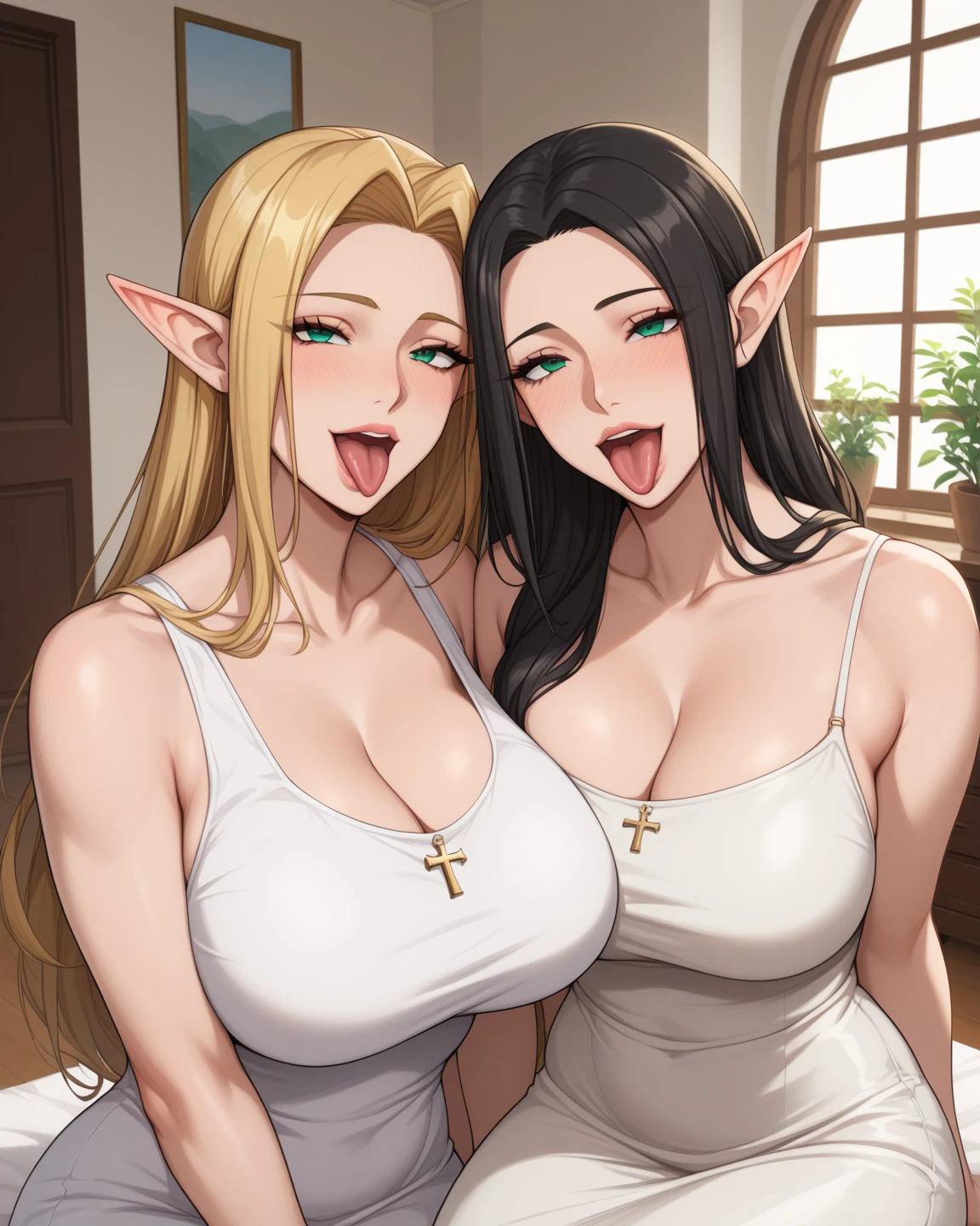 uploaded e621, score_9, score_8_up, score_7_up, score_6_up, score_5_up, score_4_up, rating_safe, smooth, source_furry, {realistic}, mature two exhibitionist twin elf milfs ,pinching nipples, seductive two twin elf milfs, countershading, huge breasts, thick armpit hair, exhibitionist, lesbian act {{{very long hair, white balayage highlights , big and huge hair bun, very long very thick one side brided hair over shoulders, nip slip, exhibitionist}}}, , cleavage, black nip slip, tall, brown lips, hazel eyes, wide hips, extra thicc, leaning forward, hispanic, two exhibitionist elf milfs, pinching each other nipples, exhibitionist, lesbian love