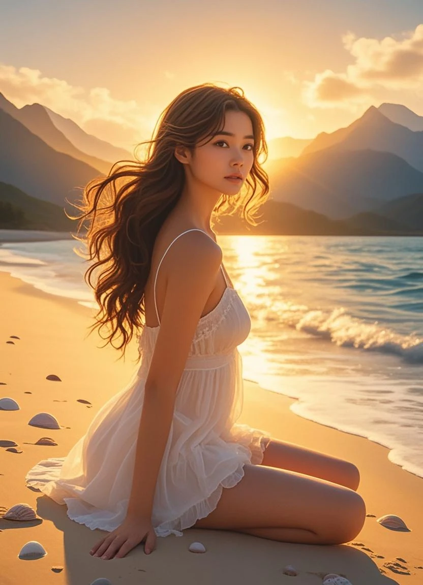 (masterpiece, high resolution, illustration:1.2), radiant young woman in a flowing dress, (graceful and ethereal presence:1.1), (golden sun sinking beneath the horizon:1.2), (gentle sea breeze caressing her cheeks:1.2), (tranquil and secluded beach with palm trees:1.1), (pastel hues painting the sky in shades of pink and orange:1.2), (gentle waves lapping the sandy shore:1.1), (seagulls gliding through the air:1.2), a moment of enchantment and serenity in the idyllic Maldives, artistic details, captivating composition.