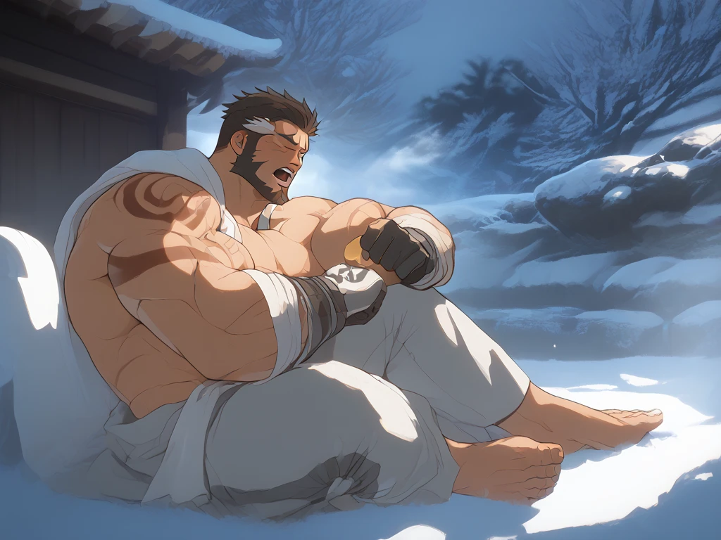 (afternoon), 1volibear, solo, fall, smile,肌肉男,beard,middle-aged,white fundoshi,((open) kimono),Chinese traditional clothes,close-up,stud earrings,nipple ring,sweat,look up to the sky,majestic,brutal,confident,strong,枫叶,sit down