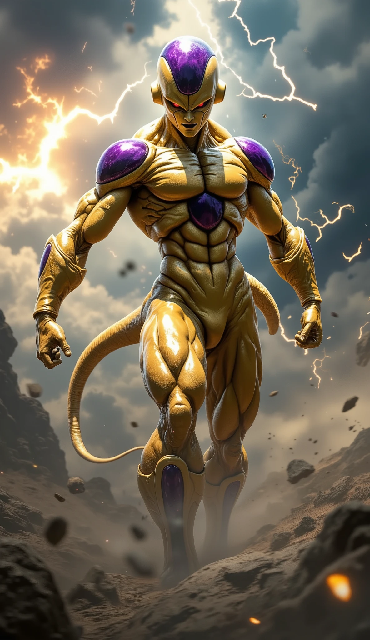 Create a highly realistic and highly detailed CGI rendering of a powerful alien warrior standing and hovering in the air in a dynamic battle-ready pose. His muscular, metallic gold body gleams under cinematic lighting, with smooth, reflective dark purple armor plates on his shoulders, , and forearms. His eye rings are black with red pupils. He points his arm directly at the camera, his fingers spread as if charging an energy blast. The background shows a stormy sky filled with violent lightning strikes, enhancing the sense of power and tension. The scene should be Unreal Engine quality with photorealistic textures, realistic skin reflections, cinematic shadows, high dynamic range, and dramatic atmospheric effects such as wind and energy crackling around the character.