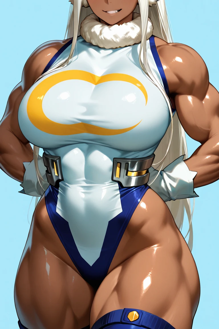 ((best quality)), ((masterpiece)), (detailed), perfect face, beautiful eyes, extremely beautiful detailed face, rabbit ears, ((dark-skinned female)), ((dark skin)), red eyes, sleeveless, white gloves, highleg leotard, (white hair, long hair), large breasts, fur collar, purple thighhighs, white leotard), (smirk: 1.3), (thicc thighs: 1.3) (bodybuilder: 1.3), bulging muscles, muscular thighs,