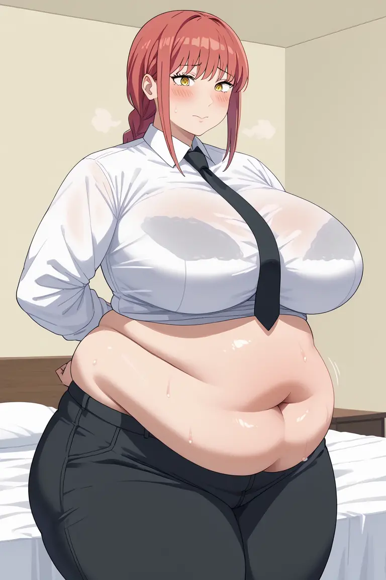 (Morbidly obese anatomy:1.1)anime woman, milf, large breasts, red hair, tight leggings white shirt cleavage seductive face
