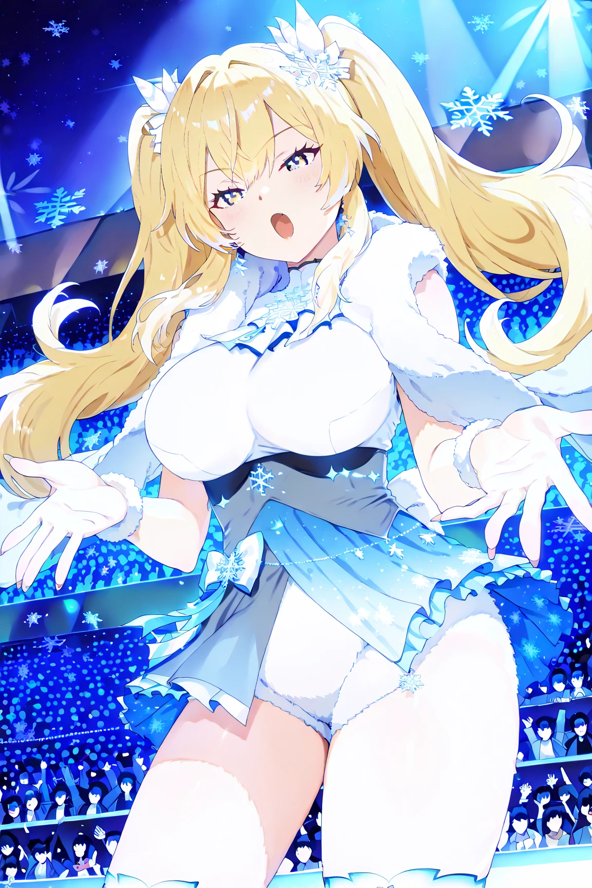 KAGAMINE RIN, long HAIR, BOW, blonde hair., large breasts,, Live Stage,  , solo, ,nipple,  Standing pee