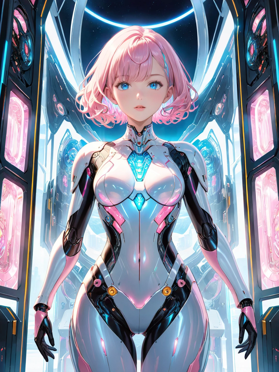 girl robot , blue colors body robot , beautiful face, pink hair short , blue eyes , boobs, sexy body robot, working with electronics component,