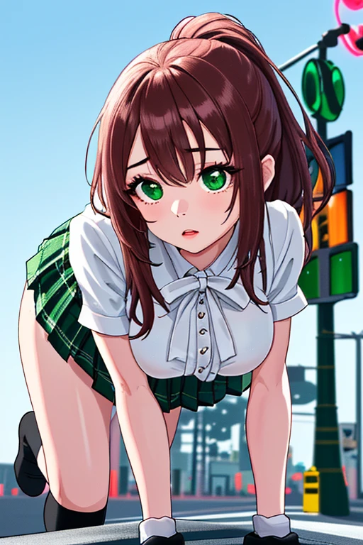 High resolution, high quality, 1 girl, anime girl, brown long hair, brown eyes,heart-shaped pupil, green glasses, tanned skin, big breasts,beautiful breasts, (big ass),beautiful butt,Aqua Cardigan,dark blue dirndl skirt,booty pose,lower body,At the shopping mall,