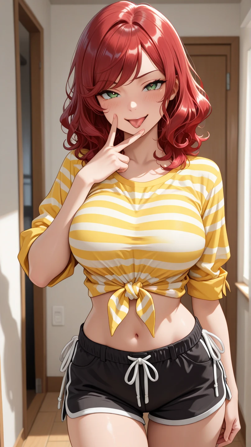 Sunsethuman, female, two tones of hair, red and yellow hair, tight shirt, no-bra