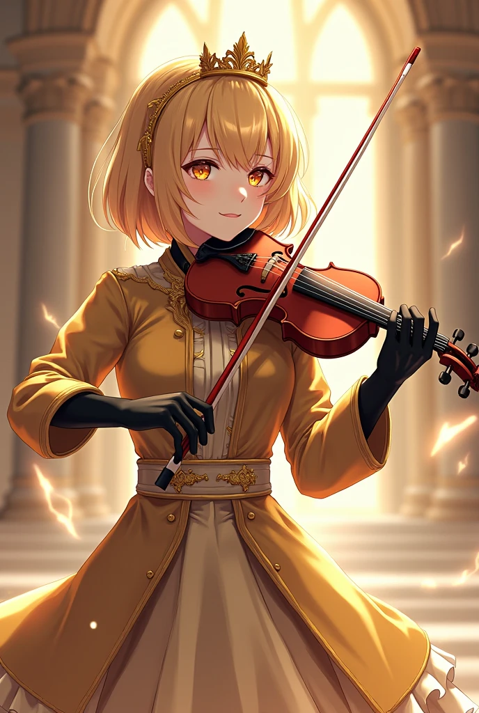 Anime Style Images, Full body image head to toe, Young woman, Blond golden hair, Short Hair, The hair is neatly arranged to the face, Gold crown headband jewelry, Jewelry is small, Hair jewelry fits her face, Jewelry I put on and look good, Jewelry I put on and look good with her dress, Golden eyes, The face is as beautiful as a goddess., cute, cuteมาก, cuteสุดๆ, wrinkle Bright, cheerful, charming and beautiful, symmetrical curvaceous shape, Wear a tight dress with light gold sleeves, Dress skirt is light gold, Thigh-length dress skirt, On the dress there is a silver belt with thin stripes on the waist, Black gloves decorated with a gold pattern long to the wrist, Ankle-length black socks, Wear black-gold windbreaker Get a dress,Long sleeve windbreaker, Men Hip-length windbreaker, Fitted windbreaker, Windbreaker look good, The windbreaker is not bulky., The dress looks very beautiful, black high heels, } The background is a large palace hall that looks luxurious and noble., ที่ด้านหลังของYoung womanมีหน้าต่างขนาดใหญ่, แสงส่องผ่านหน้าต่างด้านหลังตกลงบนร่างด้านหลังYoung woman, Golden mist, Lightning Spear, Top details, Anatomically qualified ,  maximum contrast, No lightning inside image, No lightning sparkles inside the picture, No weapons inside the picture, Young womanกำลังเล่นเครื่องดนตรีไวโอลิน, Pure white violin, violin playing posture looks elegant, violin playing posture looks beautiful